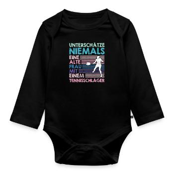Alte Frau mit Tennisschläger Tennis Oma - Baby Bio-Langarm-Body - Schwarz - Vorne
