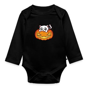 Chat Citrouille Halloween - Body Bébé bio manches longues - noir - Devant