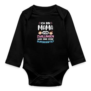 Zwillingsmama Mutter von Zwillingen Super Mama - Baby Bio-Langarm-Body - Schwarz - Vorne