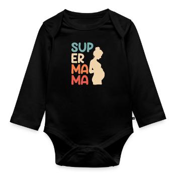 Super Mama schwanger Beste Mutter Kind - Baby Bio-Langarm-Body - Schwarz - Vorne