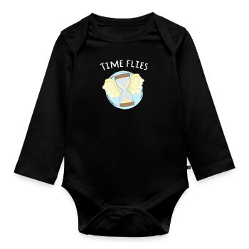Zeit verfliegt... Fliegende Sanduhr Wortspiel - Baby Bio-Langarm-Body - Schwarz - Vorne