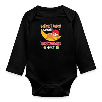 Weckt mich wenn es Geschenke gibt Faultier - Baby Bio-Langarm-Body - Schwarz - Vorne