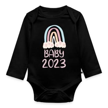 Baby 2023 Süßer Regenbogen mit Herzen - Baby Bio-Langarm-Body - Schwarz - Vorne