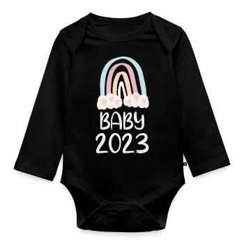 Baby 2023 Süßer Regenbogen mit Herzen - Baby Bio-Langarm-Body - Schwarz - Vorne