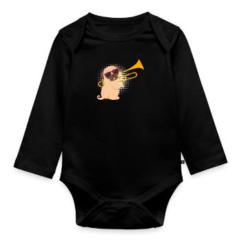 Musician with pug dog plays trombone - Organic Longsleeve Baby Bodysuit - black - Front