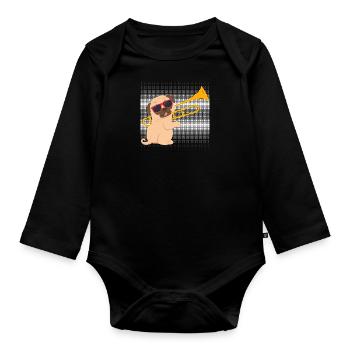Musician with pug dog plays trombone - Organic Longsleeve Baby Bodysuit - black - Front