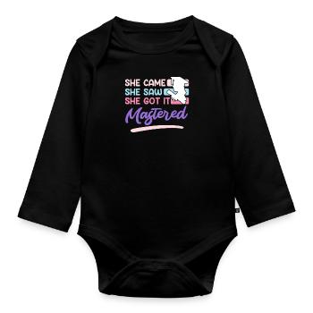 She came she saw her mastered master's degree - Organic Longsleeve Baby Bodysuit - black - Front