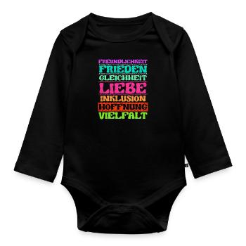Inklusion Freundlichkeit Frieden Liebe Vielfalt - Baby Bio-Langarm-Body - Schwarz - Vorne