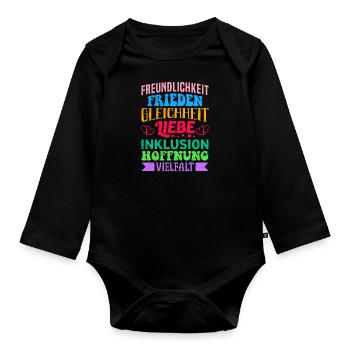 Inklusion Gleichheit Freundlichkeit Akzeptanz - Baby Bio-Langarm-Body - Schwarz - Vorne
