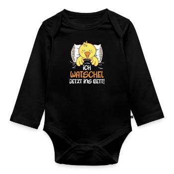 Entchen Ich watschel jetzt ins Bett! Ente Fan - Baby Bio-Langarm-Body - Schwarz - Vorne