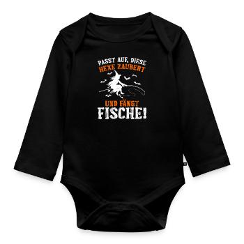 Halloween Shirt Die Hexe Zaubert und Fängt Fische - Baby Bio-Langarm-Body - Schwarz - Vorne