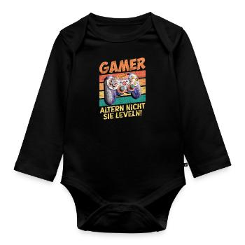 Gamer Altern nicht, Sie Leveln! Retro Gamer - Baby Bio-Langarm-Body - Schwarz - Vorne