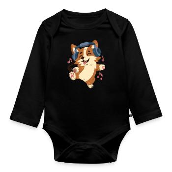 Corgi écoute de la musique et danse - Body Bébé bio manches longues - noir - Devant