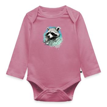 raton laveur, noir et blanc, gris, aquarelle, coloré - Body Bébé bio manches longues - mauve - Devant