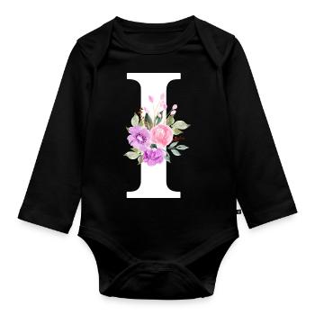 Lila Blumenbuchstabe I - Baby Bio-Langarm-Body - Schwarz - Vorne