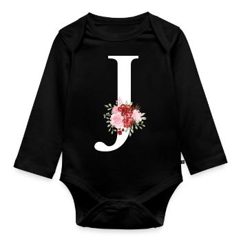 Roter floraler J-Buchstabe - Baby Bio-Langarm-Body - Schwarz - Vorne
