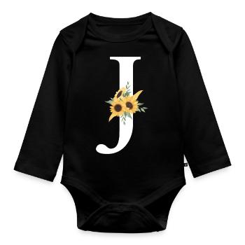 Buchstabe j Blumen-Sonnenblume - Baby Bio-Langarm-Body - Schwarz - Vorne