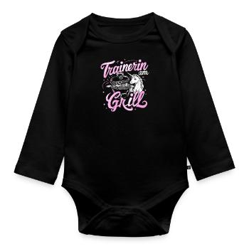 Trainerin Grill-Coach Lustige Frau Fitness Danke - Baby Bio-Langarm-Body - Schwarz - Vorne
