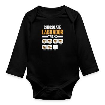 Brauner Labrador CHOCOLATE LABRADOR TRICKS Lustig - Baby Bio-Langarm-Body - Schwarz - Vorne
