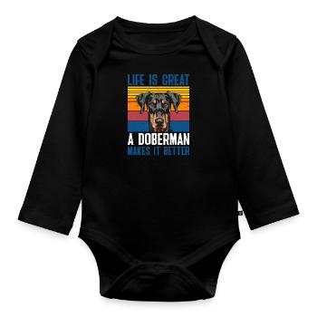 Doberman Hundebesitzer LIFE IS GREAT A DOBERMAN - Baby Bio-Langarm-Body - Schwarz - Vorne