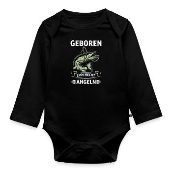 Hecht Angler Outfit GEBOREN ZUM HECHT ANGELN - Baby Bio-Langarm-Body - Schwarz - Vorne