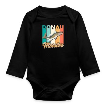 Zander Angeln DONAU MEISTER Lustiges Angler - Baby Bio-Langarm-Body - Schwarz - Vorne