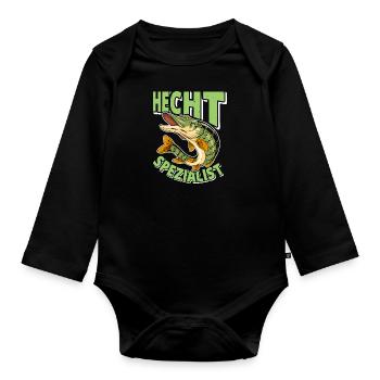 Angler Outfit HECHT SPEZIALIST Lustiges Angeln - Baby Bio-Langarm-Body - Schwarz - Vorne