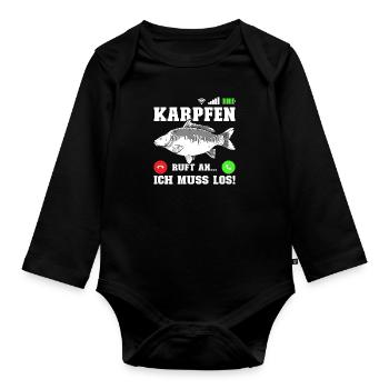 Angler KARPFEN RUFT AN MUSS LOS! Lustiges Karpfen - Baby Bio-Langarm-Body - Schwarz - Vorne