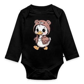 Kawaii Duckling with Colorful Teddy Bear Outfit - Organic Longsleeve Baby Bodysuit - black - Front