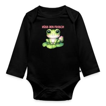 Froschkostüm KÜSS DEN FROSCH Lustiges Faschings - Baby Bio-Langarm-Body - Schwarz - Vorne