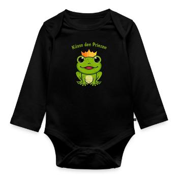 Karneval Frosch KÜSSE DEN PRINZEN Lustiges - Baby Bio-Langarm-Body - Schwarz - Vorne