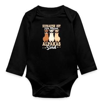 Alpaka Fan ZUHAUSE IST WO MEINE ALPAKAS SIND - Baby Bio-Langarm-Body - Schwarz - Vorne