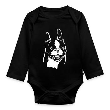Boston Terrier Kopf "Black Edition" - Baby Bio-Langarm-Body - Schwarz - Vorne