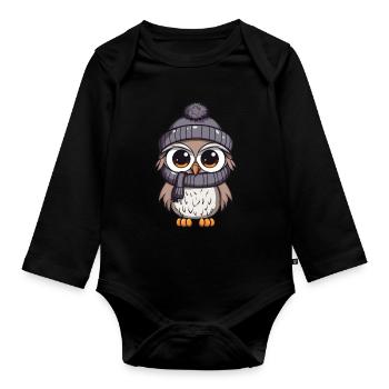 Owl Winter Comic - Organic Longsleeve Baby Bodysuit - black - Front