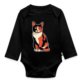Vintage Calico Tricolor Cat Portrait Seated - Organic Longsleeve Baby Bodysuit - black - Front