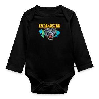 Schneeleopard National Symbol Kasachstan Jurte - Baby Bio-Langarm-Body - Schwarz - Vorne