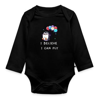 Penguin "I believe I can fly" - Organic Longsleeve Baby Bodysuit - black - Front