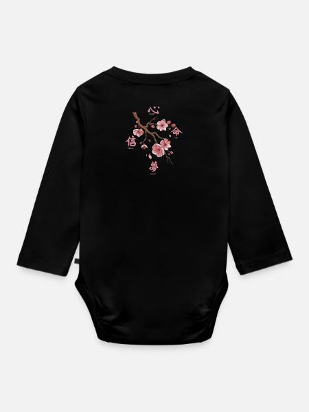 Japanese backprint aesthetic cherry blossom - Organic Longsleeve Baby Bodysuit - black