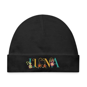 LUNA Namenskunst mit gestickten Blumen - Baby Premium Organic Mütze - Schwarz - Vorne