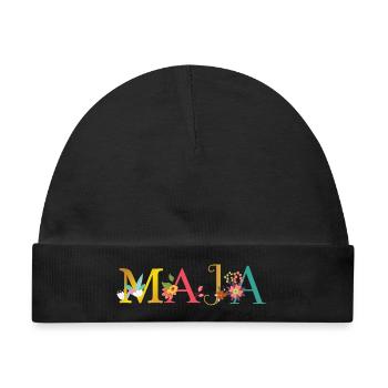 MAJA Name mit Blumen geschmückt - Baby Premium Organic Mütze - Schwarz - Vorne
