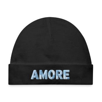 Amore Schriftzug Patchwork Design Blau - Baby Premium Organic Mütze - Schwarz - Vorne