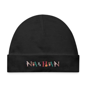 NATHAN Namenskunst mit Blumen bestickt - Baby Premium Organic Mütze - Schwarz - Vorne
