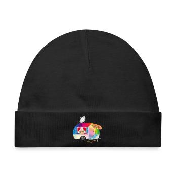 Bunter Retro-Wohnwagen mit Liegestuhl - Baby Premium Organic Mütze - Schwarz - Vorne