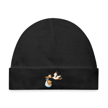Storch Baby Lieferung Teddy im Tuch Geschenk Shirt - Baby Premium Organic Mütze - Schwarz - Vorne