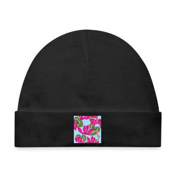 Helles Muster mit Alpenveilchenblüten - Baby Premium Organic Mütze - Schwarz - Vorne