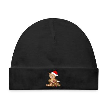 goldiger Bär für Weihnachten mit Weihnachtsmütze - Baby Premium Organic Mütze - Schwarz - Vorne