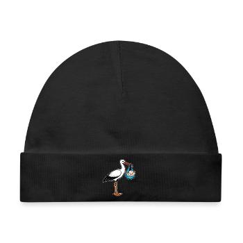 Storch mit Baby Peace im Tuch blau - Baby Premium Organic Mütze - Schwarz - Vorne