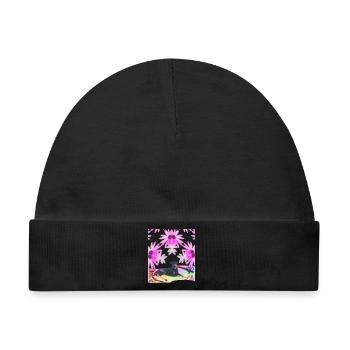 Rüde Lobo - umgeben von rosa Blumen im Regenbogen  - Baby Premium Organic Mütze - Schwarz - Vorne