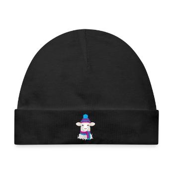 weißes Schaf mit bunter Pudelmütze & Strick Schal - Baby Premium Organic Mütze - Schwarz - Vorne