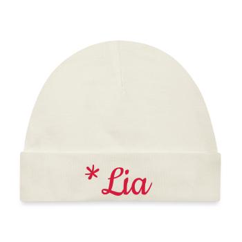 Mädchenname Lia als Schriftzug auf Kindermode - Baby Premium Organic Mütze - Naturweiß - Vorne